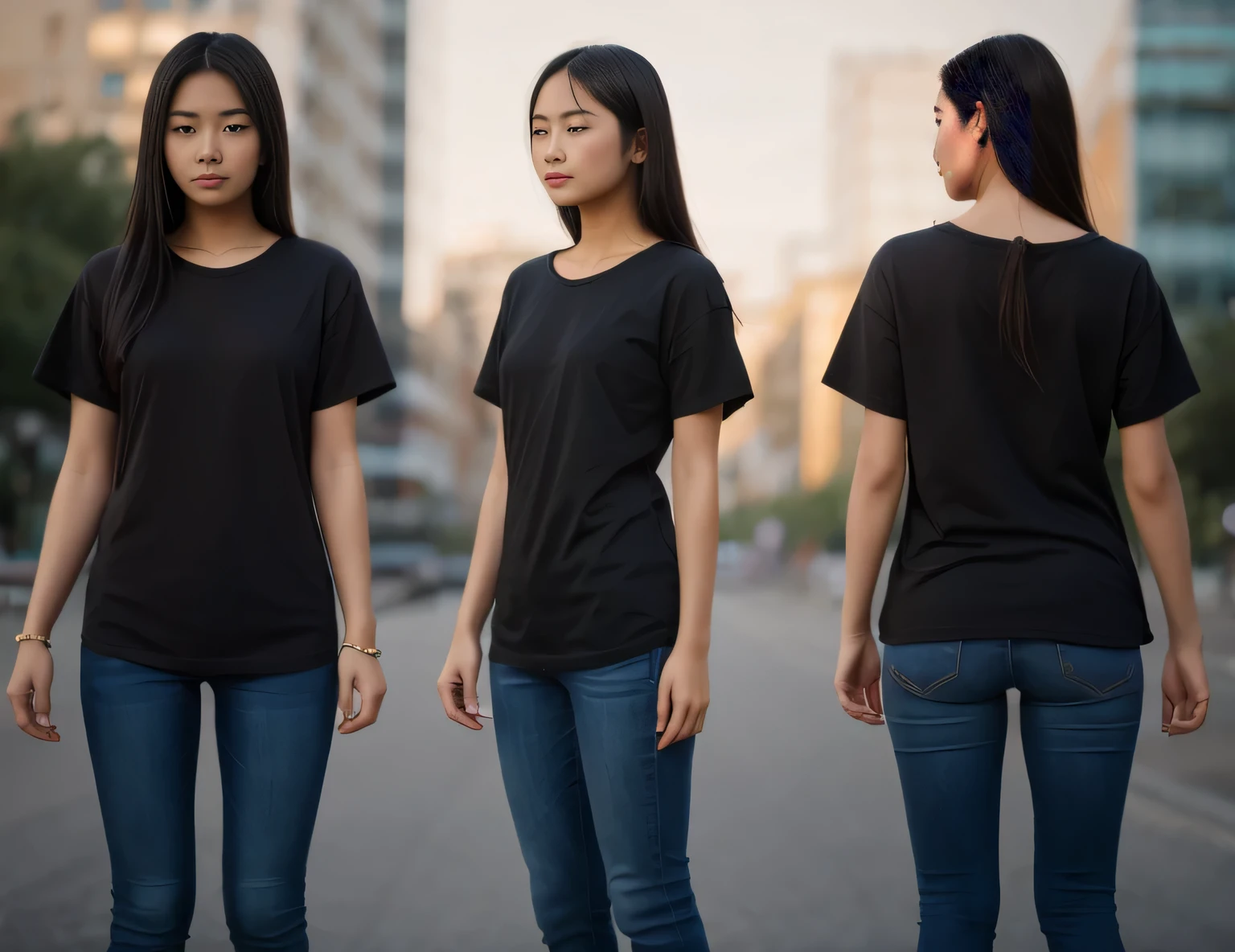 a Beautiful Asian Girl 18 year old, long black hair, brown eyes, detail face skin, wearing a plain Black t-shirt and jeans, standing, bokeh city as background, Random pose
