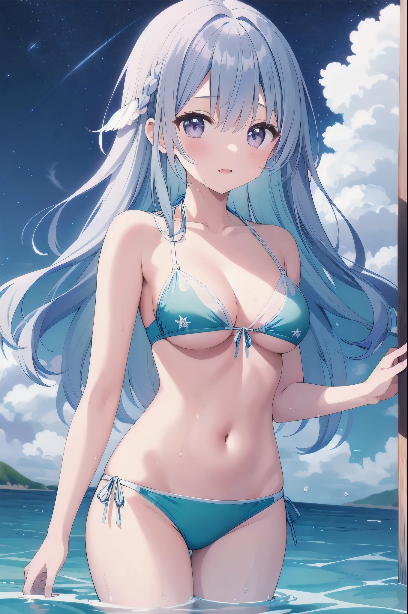 （masterpiece）、(highest quality)、((Super detailed))、(super delicate)、pastel colored hair、beautiful breasts、wet transparent bikini、Sea of night、fantastic starry sky