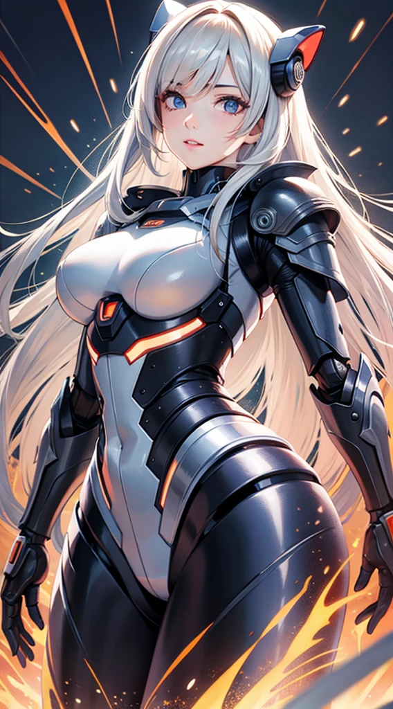 masterpiece, best quality,
1girl, solo, long hair, photorealistic, 
(finely detailed beautiful eyes: 1.2),open clothes, glowing eyes, shiny hair, lustrous skin,((1 life-like robot)), metal construction, wires and cables, (glowing eyes), (mechanical arms), science fiction,(large mecha arm),cowboy shot, energy tank,