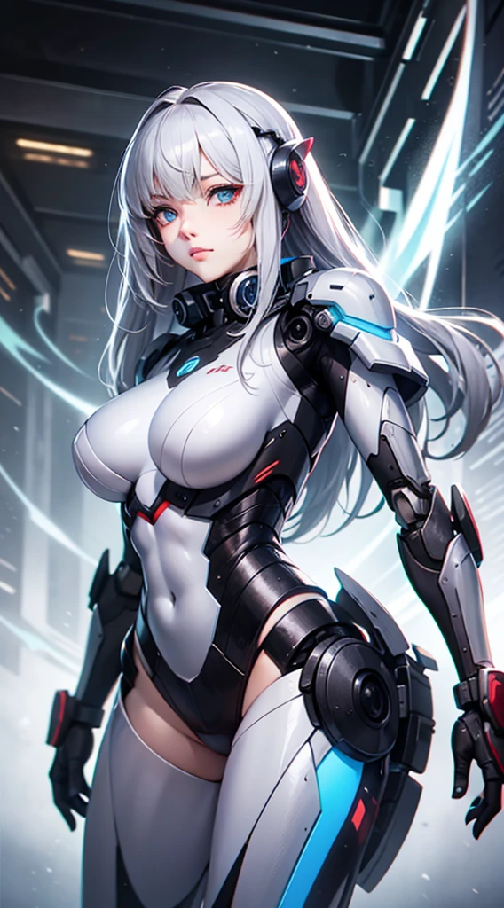 masterpiece, best quality,
1girl, solo, long hair, photorealistic, 
(finely detailed beautiful eyes: 1.2),open clothes, glowing eyes, shiny hair, lustrous skin,((1 life-like robot)), metal construction, wires and cables, (glowing eyes), (mechanical arms), science fiction,(large mecha arm),cowboy shot, energy tank,