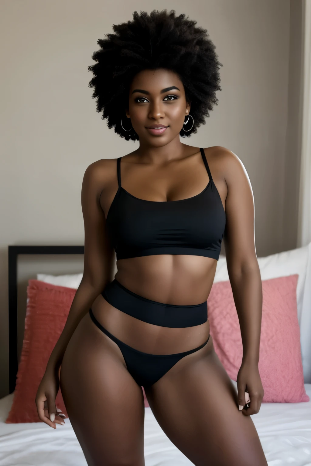 foto do instagram, Close-up headshot of the most beautiful black woman you know, Novo, Fission, pele Afro, (sorrir:0.4), Sombras duras, melhor qualidade, work-πrhyme, ultra high resolution, (fotorealistisch:1.4), Foto RAW, 1Meninas, ((Novo)), ((peito grande)), luz fria, big booty, NSFW, posando na cama, gabar, mostrando as pernas, programa,