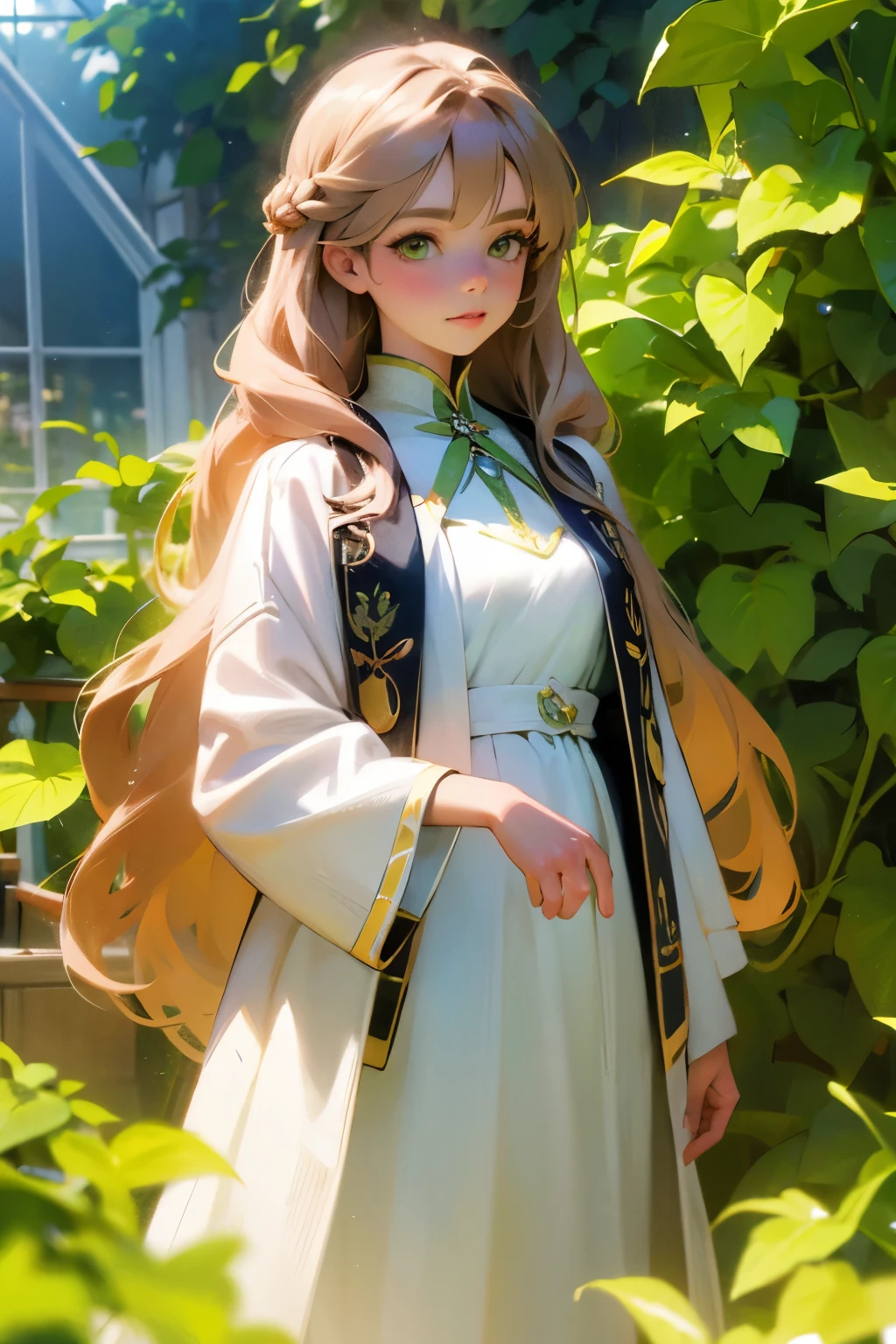 Best Quality, Masterpiece, Ultra-Detailed, 1woman, solo, mature woman, adult woman, adult, tall woman, beautiful girl, light brown hair, long hair, very long hair, ((hair vine:1.0)), light green eyes, brilliant eyes, white dress, ((vine dress:1.0)), light pink jacket, cropped jacket, looking at the viewers, cowboy shot, greenhouse background, natural background