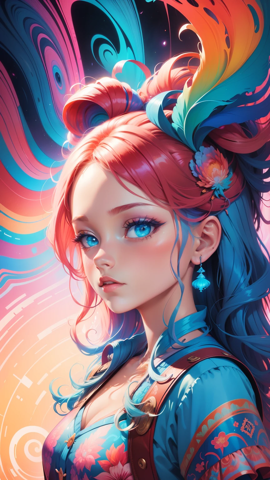 (Psychedelic painting of a redheaded woman standing in front of colorful whirlpools), ((Multi-sewn large feathers, big head)), Light and shadow, Waves, Multi-layered, foreground, Distant view, fractal thunder dan mumford, Dan Mount Ford and Alex Gray style, psychedelic surreal art, surreal psychedelic design, Fantasy art style, Illusion psychedelic art, Infinite psychedelic waves, Inspired by Cyril Rolando, True corrugated structure, Psychedelic art style, trippy art, psychedelic illustrations，Bio-luminescence, vibrant, Colourful, Color, (Glowing, Glow), (Beautiful composition), Cinematic lighting, Intricate, (Symmetrical:0.5), Whimsical,