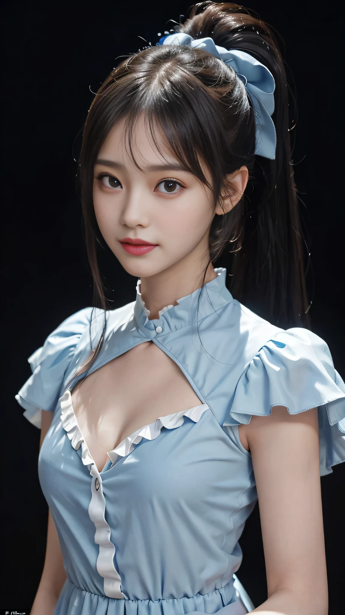 close up face,standing on stage,Blue colored long dress with lots of ruffles,One woman,masutepiece, The highest image quality, High quality, the background is clear,Beautiful woman, Japanese, Detailed, Detailed eyes, Detailed skin, Beautiful skin, 超hight resolution, (reality: 1.4),Very beautiful woman, Slightly younger face, Beautiful skin, slender, (Ultra photo realsisim), (hight resolution), (8K), (Very detailed) (beautifully detailed eyes), (super detailed), (Detailed face), view the viewer, Fine details, Detailed face, Staring straight ahead, Staring straight ahead, photos realistic, Bright lighting, Professional Lighting, Black hair,poneyTail,a ,fifteen ye is ponytail,long ponytail hairstyle,slight smile,neat and tidy clothing,Beautiful Japanese KPOP idol photo, hair style is ponytail, my eyes are double and wide, baby face, smile and look ahead, slender, small breasts,Blue ribbon on head,