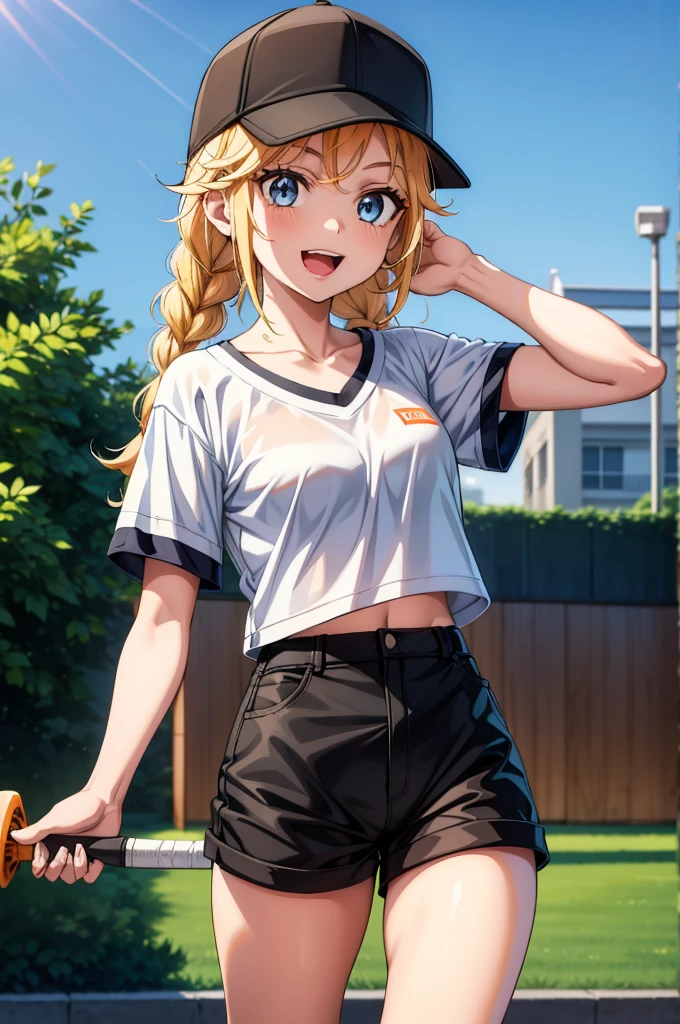 a pretty girl wearing a baseball cap holding an orange and black tennis racquet, 1girl, shorts, solo, blonde hair, blue eyes, hat, baseball cap, braid, long hair, black shorts, shirt, smile, outdoors, white shirt, short sleeves, open mouth, short shorts, looking at viewer, twin braids, black headwear, collarbone