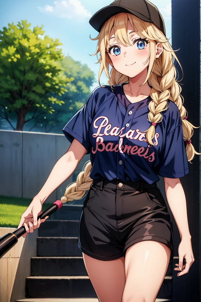 a cartoonish women posing in baseball uniform on stairs holding baseball bat, 1girl, solo, shorts, hat, blonde hair, braid, blue eyes, twin braids, baseball cap, shirt, shirt tucked in, smile, white shirt, long hair, short sleeves, black headwear, looking at viewer, black shorts, blush, holding
