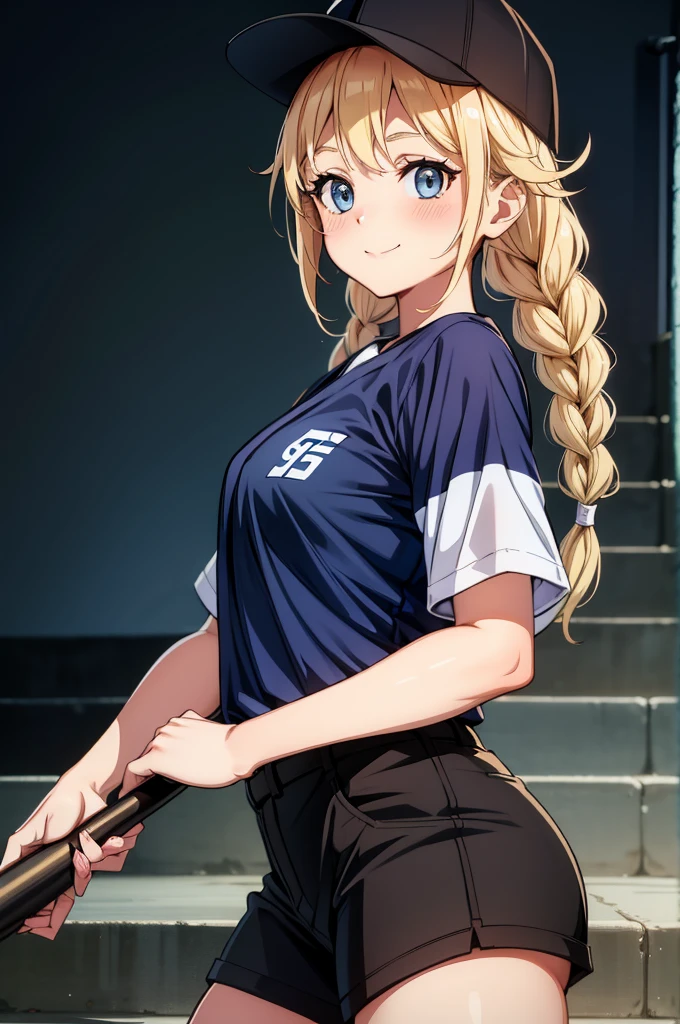 a cartoonish women posing in baseball uniform on stairs holding baseball bat, 1girl, solo, shorts, hat, blonde hair, braid, blue eyes, twin braids, baseball cap, shirt, shirt tucked in, smile, white shirt, long hair, short sleeves, black headwear, looking at viewer, black shorts, blush, holding