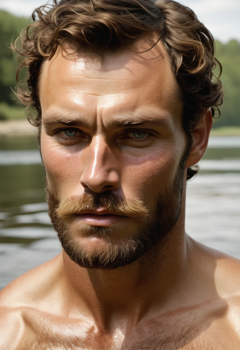 (highly detailed, soft light, photorealistic, dynamic light; cinematic); victorian era; 1820s; 30 years old man; Englishman; strikingly handsome; defined cheekbones; defined strong jawline; handsome face; rectangular face-shape; strapping; desirous teasing expression; intimate sexually-charged atmosphere; masculine face with several scars; intimate atmosphere; charismatic; grizzled; intense inviting expression; manly passionate air; very attractive; burly broad figure; ruddy weathered skin; unkempt beard; natural light-blue eyes; thick strong chestnut-brown eyebrows; carefully-shaped 1820s sideburns; fully naked with a hairy wet naked broad heavily muscled chest; short styled chestnut-brown hair in 1820's hairstyle; full firm masculine lips, lips open; mouth open; standing in a river with snow on the ground; looking at camera