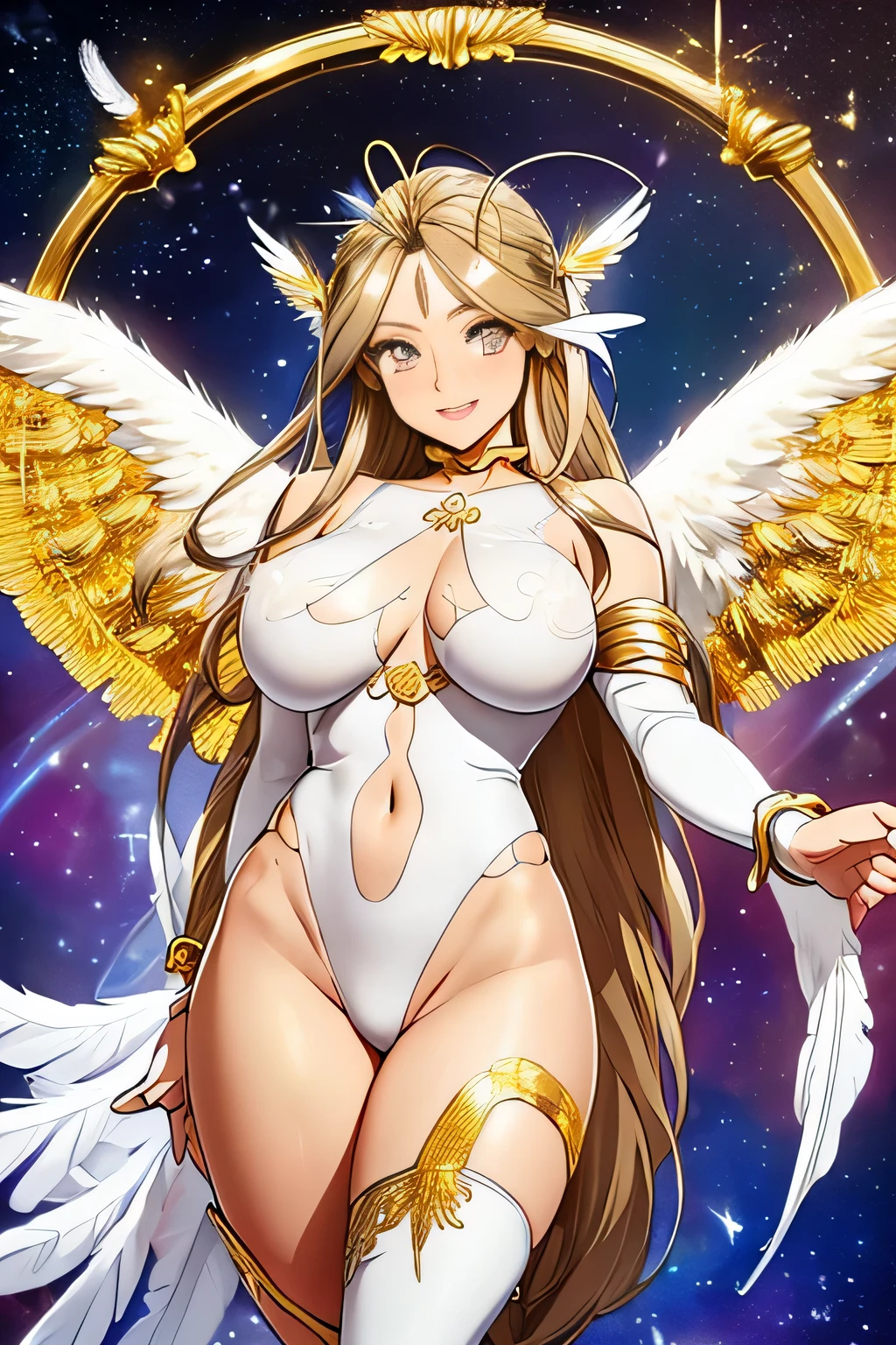 Angerwomont, 1girl, Beautiful detailed eyes, Beautiful detailed lips, extremely detailed eye and face, longeyelashes, Soft and glowing skin, serene expressions, (Radiant smile:1.5), (open mouth), (Beautiful eyes), flowing brown hair, (wings with white feathers:1.8), shining halo, heavenly aura, ethereal beauty, ((Gold and white attire:1.8)), Ornate and intricate design, Celestial atmosphere, Sacred background, Divine Light, Angelic Beings, LoveBellv0, (brown hair:1.2), (long ponytail),  (Angel wings:1.8), (Glowing Angel Circle:1.4), (Beautiful arms), (Galactic Landscape:1.5), 