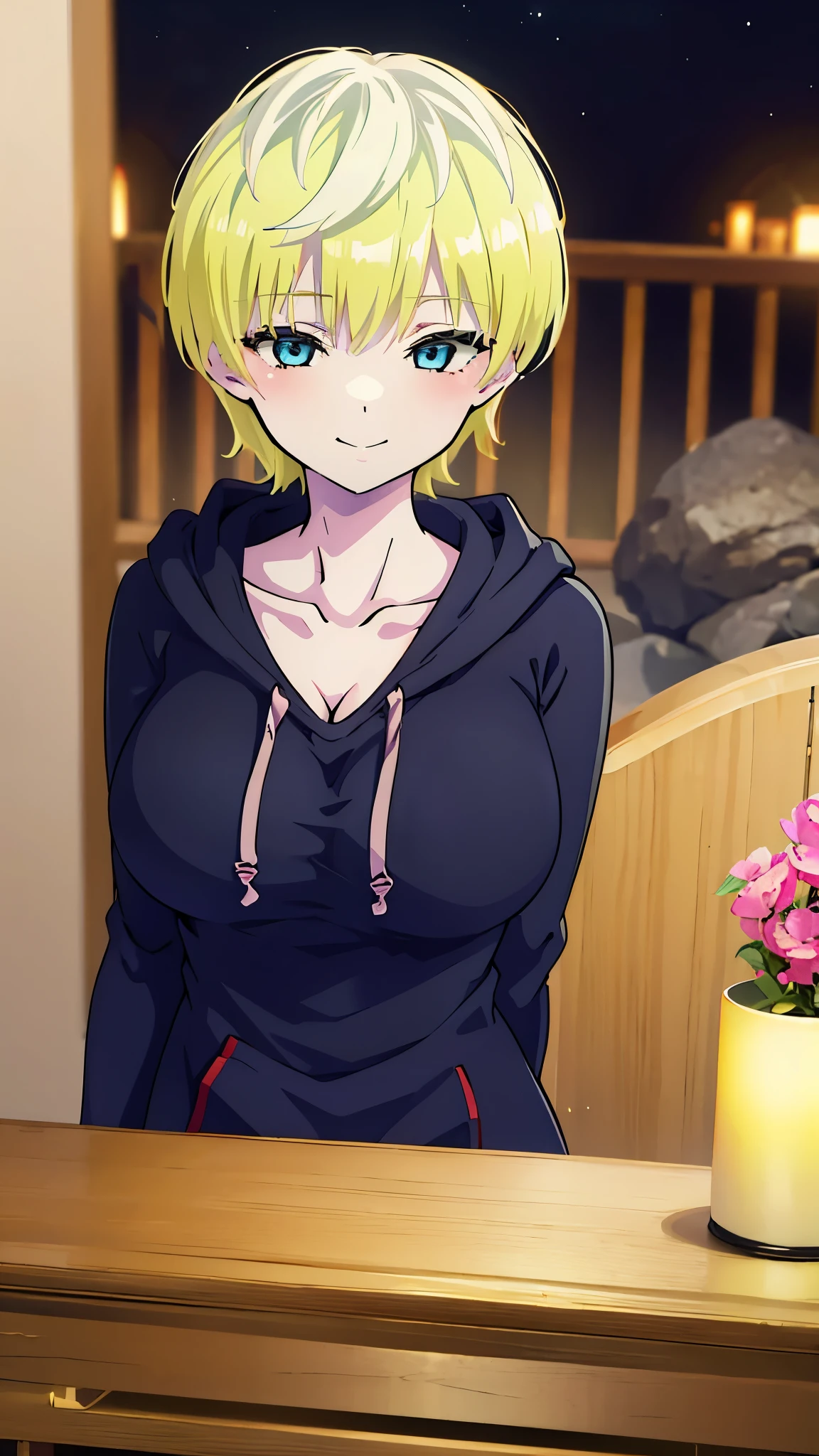 masterpiece, highres, (solo), 8k, detailed, perfect face, best quality, (ultra high quality), looking viewers, big breast, cleavage, collarbone, yellow hair, light hair, short hair, blue eyes, black hoodie, (ahego hoodie), slim body, smile, blush, upper body, at night