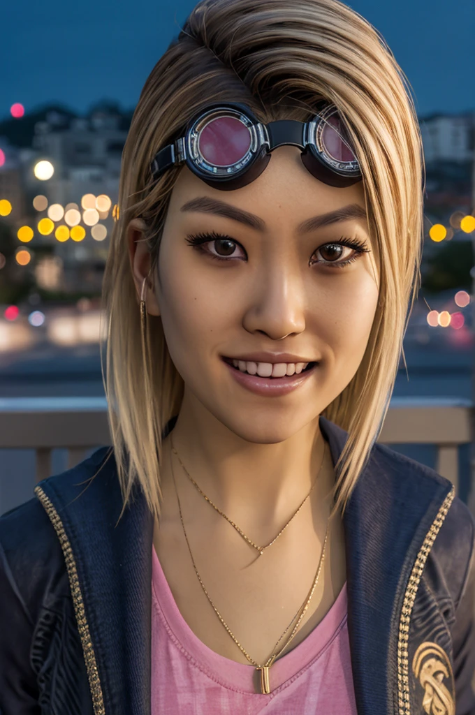 Yui, blonde hair, brown eyes, goggles on head, necklace, pink shirt, jacket,looking at viewer, smiling, close up, outside, cityscape, night, bokeh, high quality, masterpiece,  