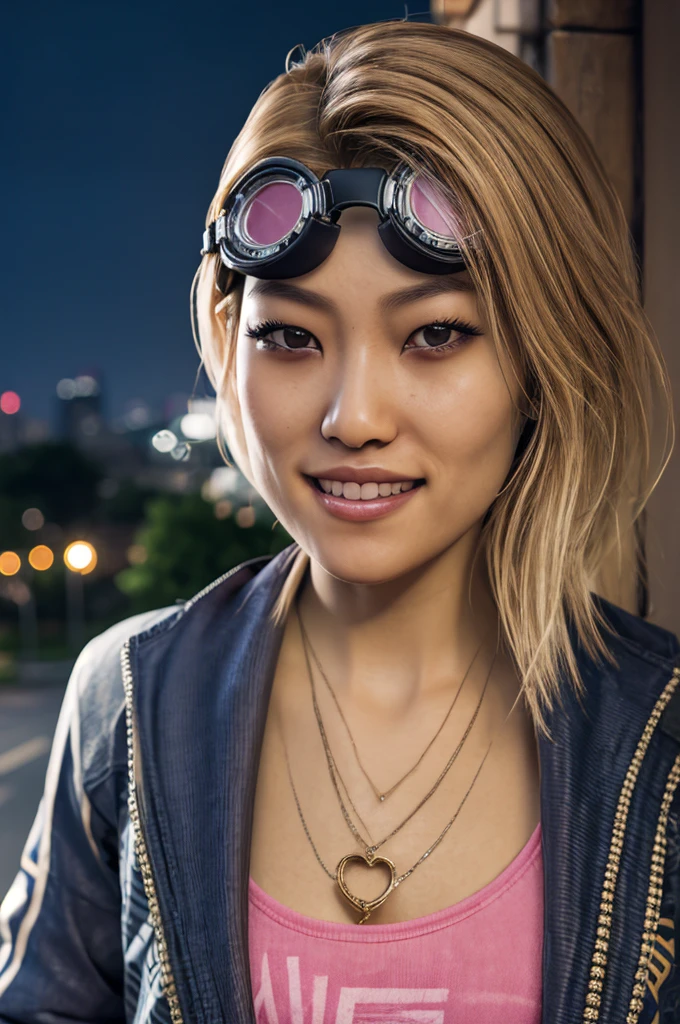 Yui, blonde hair, brown eyes, goggles on head, necklace, pink shirt, jacket,looking at viewer, smiling, close up, outside, cityscape, night, bokeh, high quality, masterpiece,  