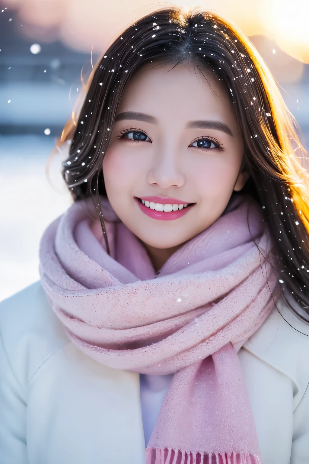 (highest quality、masterpiece、8K、best image quality、hyper realism、Award-winning work)、1 girl、(An elegant heavy winter coat:1.1)、(perfect pink scarf:1.1)、Soft and delicate light、dramatic lighting、Romantic snowy night city、Romantic Christmas illuminations、Beautiful night view of the snowy city、the biggest smile looking at me、fine sparkling snow、Beautiful snow reflecting light、Diamond dust、(Tyndall effect:1.1)、beautiful snow scene、(It&#39;s snowing:1.1)、(snow in hair:1.1)、accurate anatomy、(close up of face:1.1)、A beautiful lipstick with a glossy, natural color、natural makeup、glossy lips、Ultra high definition glossy skin、Ultra-HD radiant, beautiful skin、Milky white moisturized skin、beautiful skin glow、超高精細のglossy lips、Super high-definition sparkling eyes、Super high definition beautiful perfect teeth、Show your beautiful teeth and smile big