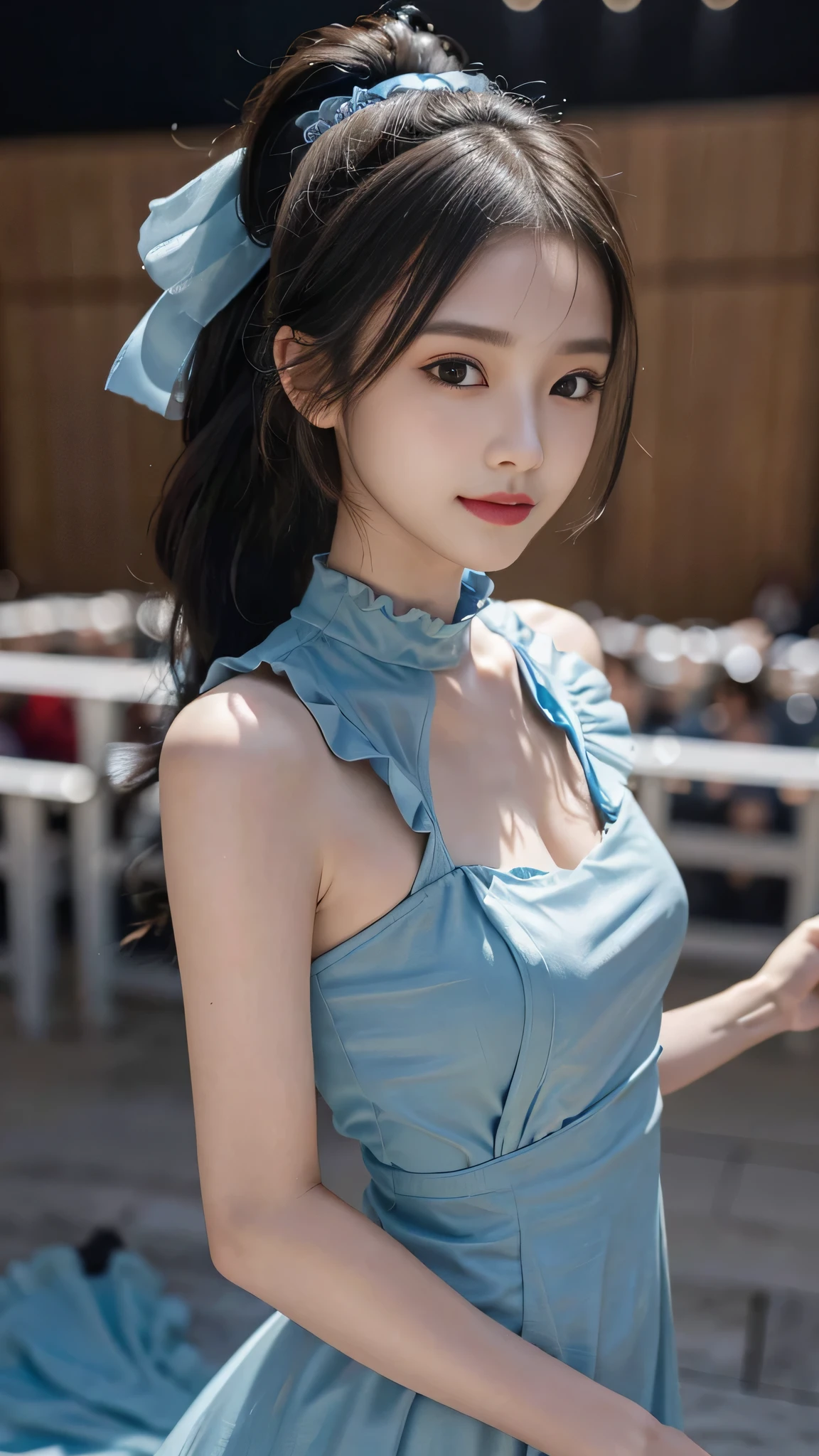 close up face,standing on stage,Blue colored long dress with lots of ruffles,One woman,masutepiece, The highest image quality, High quality, the background is clear,Beautiful woman, Japanese, Detailed, Detailed eyes, Detailed skin, Beautiful skin, 超hight resolution, (reality: 1.4),Very beautiful woman, Slightly younger face, Beautiful skin, slender, (Ultra photo realsisim), (hight resolution), (8K), (Very detailed) (beautifully detailed eyes), (super detailed), (Detailed face), view the viewer, Fine details, Detailed face, Staring straight ahead, Staring straight ahead, photos realistic, Bright lighting, Professional Lighting, Black hair,poneyTail,a baby face,fifteen years old,Hairstyle is ponytail,long ponytail hairstyle,slight smile,neat and tidy clothing,Beautiful Japanese KPOP idol photo, hair style is ponytail, my eyes are double and wide, baby face, smile and look straight ahead, slender, small breasts,Blue ribbon on head,
