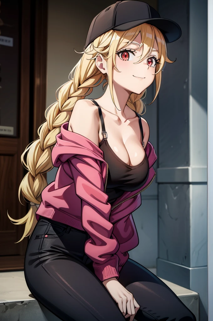 a cartoon woman with blonde hair sits inside of a building with two bags, 1girl, breasts, solo, hat, smile, blonde hair, long hair, cleavage, braid, baseball cap, looking at viewer, red eyes, collarbone, pants, jacket, twin braids, black pants, black headwear, open clothes