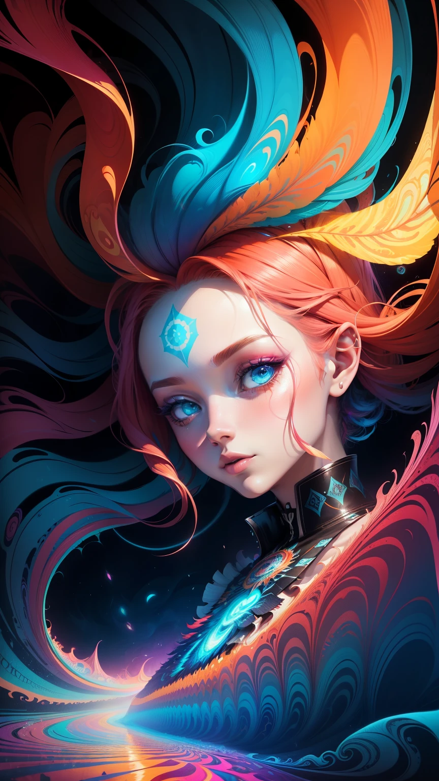 (Psychedelic painting of a redheaded woman standing in front of colorful whirlpools), ((Multi-sewn large feathers, big head)), Light and shadow, Waves, Multi-layered, foreground, Distant view, fractal thunder dan mumford, Dan Mount Ford and Alex Gray style, psychedelic surreal art, surreal psychedelic design, Fantasy art style, Illusion psychedelic art, Infinite psychedelic waves, Inspired by Cyril Rolando, True corrugated structure, Psychedelic art style, trippy art, psychedelic illustrations，Bio-luminescence, vibrant, Colourful, Color, (Glowing, Glow), (Beautiful composition), Cinematic lighting, Intricate, (Symmetrical:0.5), Whimsical,