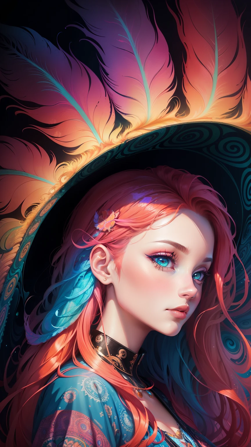 (Psychedelic painting of a redheaded woman standing in front of colorful whirlpools), ((Multi-sewn large feathers, big head)), Light and shadow, Waves, Multi-layered, foreground, Distant view, fractal thunder dan mumford, Dan Mount Ford and Alex Gray style, psychedelic surreal art, surreal psychedelic design, Fantasy art style, Illusion psychedelic art, Infinite psychedelic waves, Inspired by Cyril Rolando, True corrugated structure, Psychedelic art style, trippy art, psychedelic illustrations,Bio-luminescence, vibrant, Colourful, Color, (Glowing, Glow), (Beautiful composition), Cinematic lighting, Intricate, (Symmetrical:0.5), Whimsical,