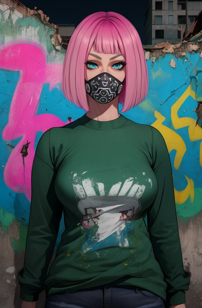 Nea,black hair,blue eyes,pink hair,mouth mask, bob cut, 
green jacket,   
standing,upper body,smile,
night,abandoned buildings,graffiti walls,
(insanely detailed, masterpiece, best quality),