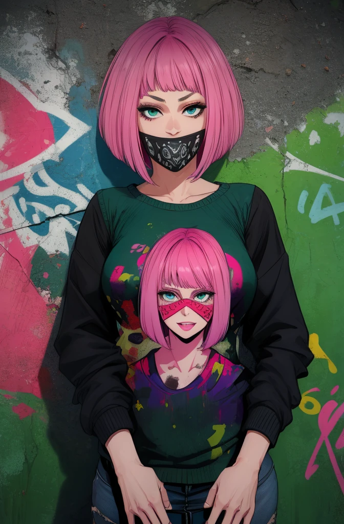 Nea,black hair,blue eyes,pink hair,mouth mask, bob cut, 
green jacket,   
standing,upper body,smile,
night,abandoned buildings,graffiti walls,
(insanely detailed, masterpiece, best quality),