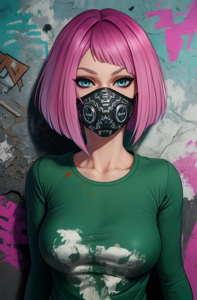 Nea,black hair,blue eyes,pink hair,mouth mask, bob cut, 
green jacket,   
standing,upper body,smile,
night,abandoned buildings,graffiti walls,
(insanely detailed, masterpiece, best quality),