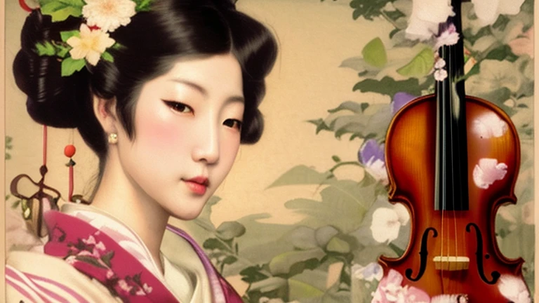 Rough photo of a woman holding a violin and flowers, beauty geisha, japanese geisha, geisha, japonism, organic seductive geisha, Inspired by Shoen Uemura, portrait of geisha, classical japanese art, portrait of a geisha, oriental art nouveau, geisha prima ballerina, Inspired by Otake Bamboo leaves