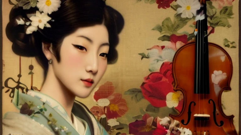 Rough photo of a woman holding a violin and flowers, beauty geisha, japanese geisha, geisha, japonism, organic seductive geisha, Inspired by Shoen Uemura, portrait of geisha, classical japanese art, portrait of a geisha, oriental art nouveau, geisha prima ballerina, Inspired by Otake Bamboo leaves