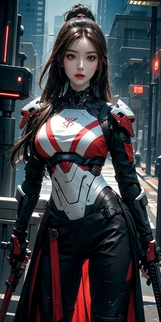 photorealistic, high resolution, soft light,1women, solo, hips up, (detailed face), red long hair, cybersamurai, cyborg, cyberpunk,  cyber armor, holding weapon,glowing,gun, beach