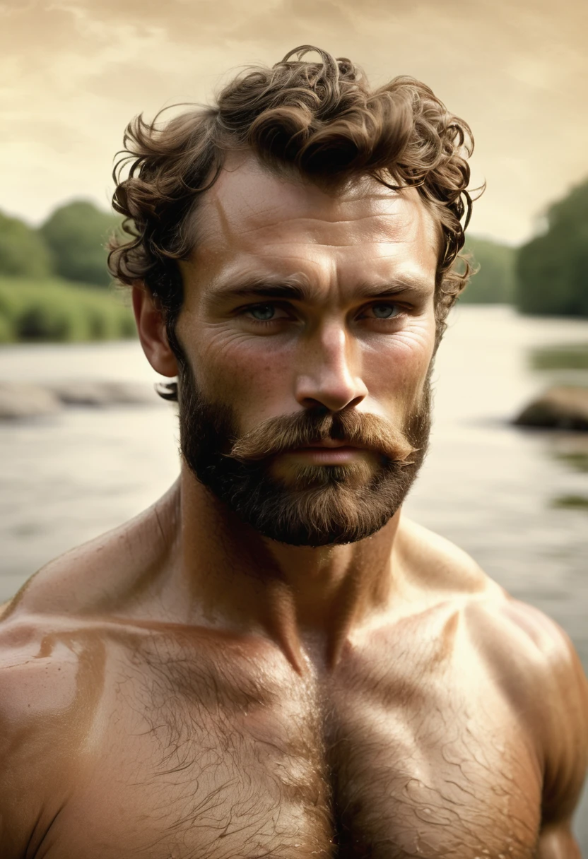 (highly detailed, soft light, photorealistic, dynamic light; cinematic); victorian era; 1820s; 30 years old man; Englishman; strikingly handsome; defined cheekbones; defined strong jawline; handsome face; rectangular face-shape; strapping; desirous teasing expression; intimate sexually-charged atmosphere; masculine face with several scars; intimate atmosphere; charismatic; grizzled; intense inviting expression; manly passionate air; very attractive; burly broad figure; ruddy weathered skin; unkempt beard; natural light-blue eyes; thick strong chestnut-brown eyebrows; carefully-shaped 1820s sideburns; fully naked with a hairy wet naked broad heavily muscled chest; short styled chestnut-brown hair in 1820's hairstyle; full firm masculine lips, lips open; mouth open; standing in a river with snow on the ground; looking at camera