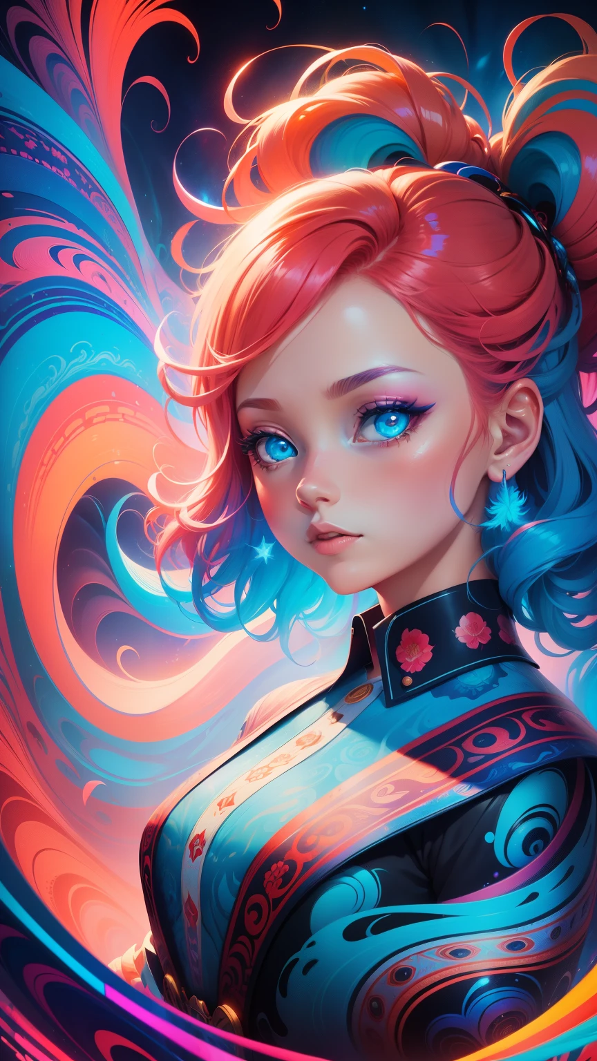 (Psychedelic painting of a redheaded woman standing in front of colorful whirlpools), ((Multi-sewn large feathers, big head)), Light and shadow, Waves, Multi-layered, foreground, Distant view, fractal thunder dan mumford, Dan Mount Ford and Alex Gray style, psychedelic surreal art, surreal psychedelic design, Fantasy art style, Illusion psychedelic art, Infinite psychedelic waves, Inspired by Cyril Rolando, True corrugated structure, Psychedelic art style, trippy art, psychedelic illustrations,Bio-luminescence, vibrant, Colourful, Color, (Glowing, Glow), (Beautiful composition), Cinematic lighting, Intricate, (Symmetrical:0.5), Whimsical,
