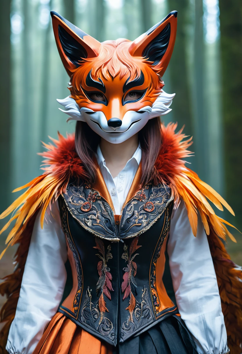 1 girl,alone,, official art, unified 8k wallpaper, Super detailed, fair and aesthetic, fair, masterpiece, best quality,, fox demon, fox mask, Feather jacket, foxfire spell, familiar fox, Transformation,