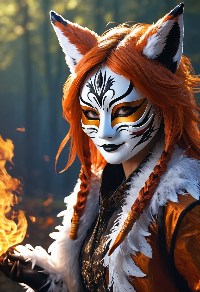 1 girl,alone,, official art, unified 8k wallpaper, Super detailed, fair and aesthetic, fair, masterpiece, best quality,, fox demon, fox mask, Feather jacket, foxfire spell, familiar fox, Transformation,