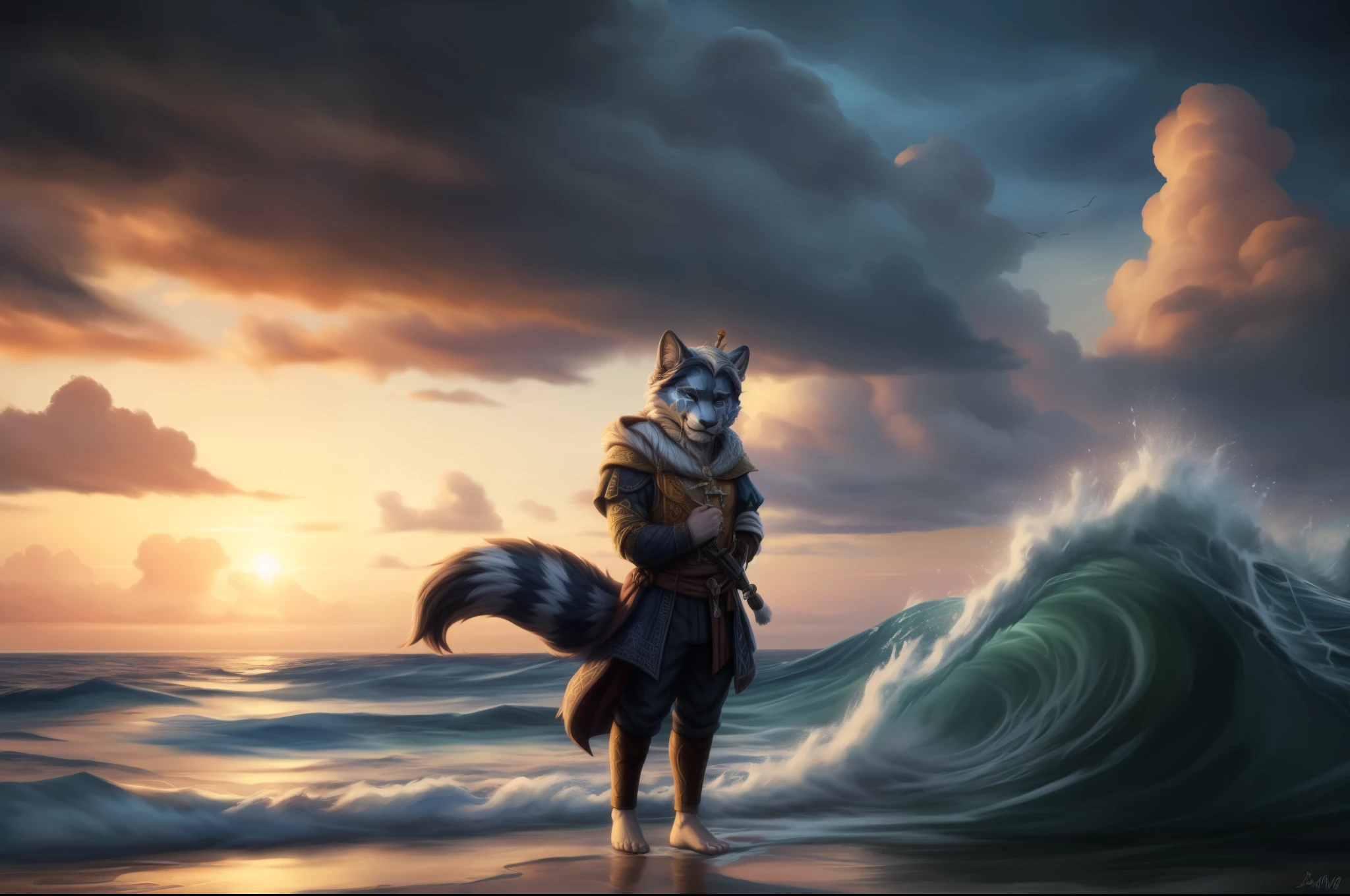 (((Barefoot furry character, full body, cinematic setting, male)))
Masquerading as a man with a reason.
My charade is the event of the season
and if I claim to be a wise man, well
it surely means that I don't know.
On a stormy sea of moving emotion
tossed about I'm like a ship on the ocean.
I set a course for winds of fortune,
but I hear the voices say:
(Carry on my wayward son.)
(There'll be peace when you are done.)
(Lay your weary head to rest.)
(Don't you cry no more.)
BREAK, detailed background, 8K, (masterpiece:1.5), intricate details, highly detailed, extreme detail, octane render, fine art, best quality, highres, (detailed face:1.5), ((full_body)), UHD, (((perfect hands)))