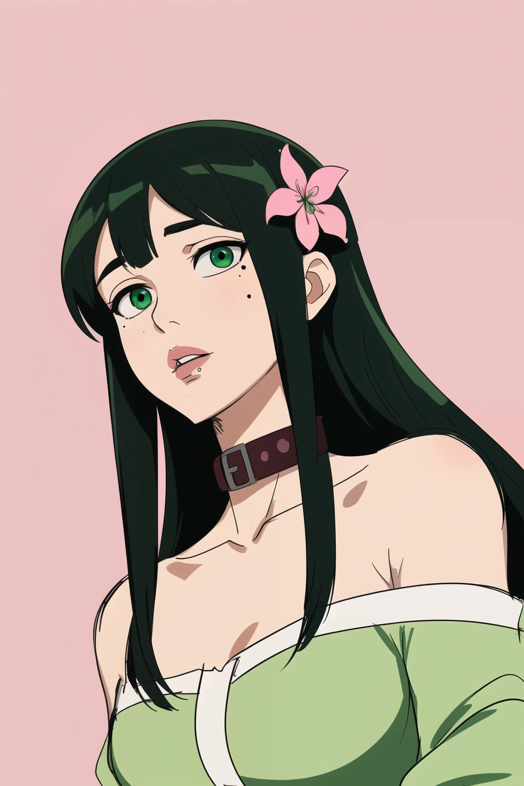 hotify,inzaniak,sidelocks,upper body,frischenq,sketch,black hair,parted lips,hair flower,yotsuyu goe brutus,collar,mole under mouth,green eyes,from below,hyur,pink background