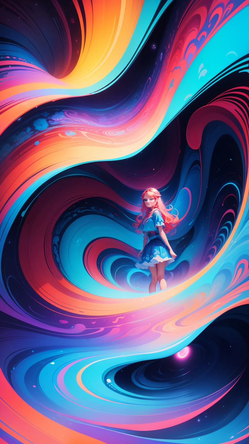 (Psychedelic painting of a redheaded woman standing in front of colorful whirlpools), ((Multi-sewn large feathers, big head)), Light and shadow, Waves, Multi-layered, foreground, Distant view, fractal thunder dan mumford, Dan Mount Ford and Alex Gray style, psychedelic surreal art, surreal psychedelic design, Fantasy art style, Illusion psychedelic art, Infinite psychedelic waves, Inspired by Cyril Rolando, True corrugated structure, Psychedelic art style, trippy art, psychedelic illustrations，Bio-luminescence, vibrant, Colourful, Color, (Glowing, Glow), (Beautiful composition), Cinematic lighting, Intricate, (Symmetrical:0.5), Whimsical,