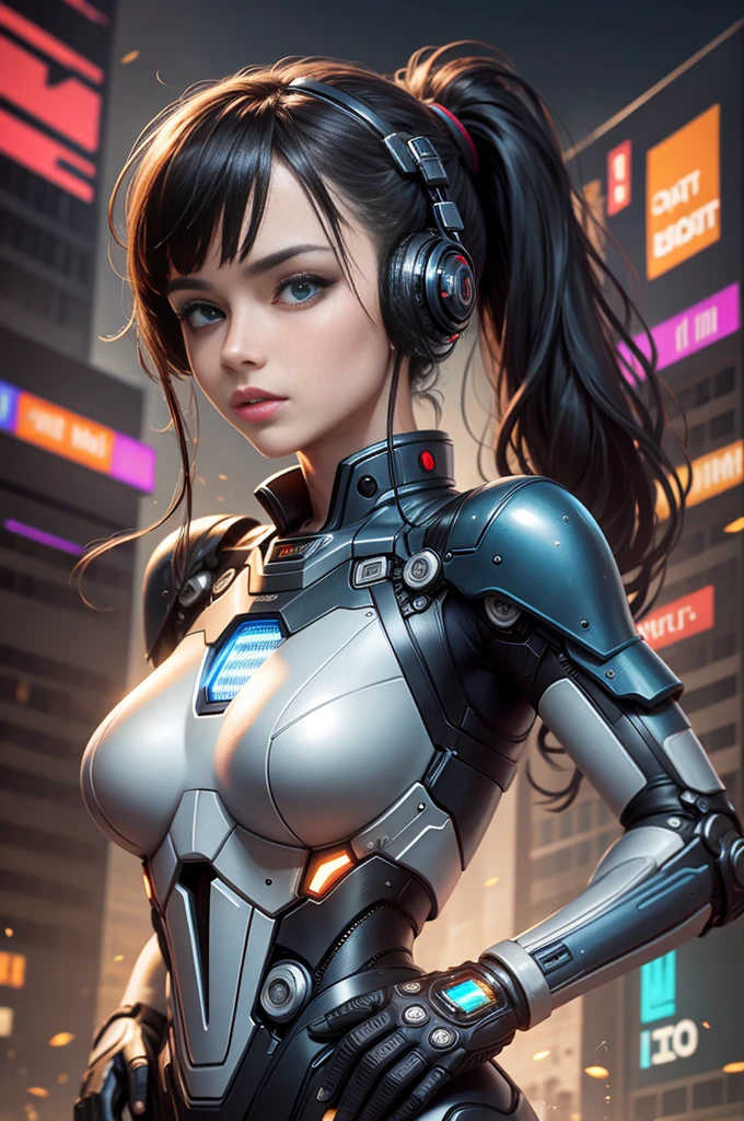 Masterpiece,(best qualtiy),highly detailed,Ultra-detailed,sci-fy, 1 mechanical female soldier, solo person, crNanosuit, high ponytails,(Blue eyes),(Machine-made joints:1.5), Mechanical limb,huge tit,Wire,Fighting in the street, (Serious expression), (tactical gear:1.2), High contrast, extreme hight detail,highest details,(during night:0.7), (urban surroundings), (Dynamic pose), (glowing neon lights:0.9), (smoke effect:0.6),