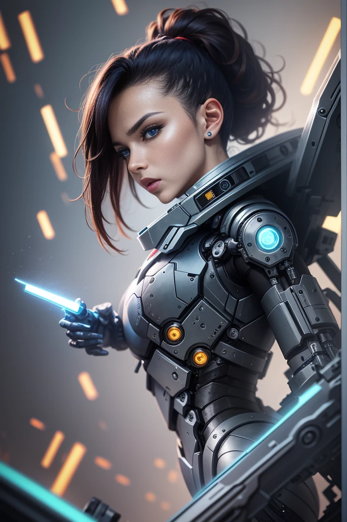 Masterpiece,(best qualtiy),highly detailed,Ultra-detailed,sci-fy, 1 mechanical female soldier, solo person, crNanosuit, high ponytails,(Blue eyes),(Machine-made joints:1.5), Mechanical limb,huge tit,Wire,Fighting in the street, (Serious expression), (tactical gear:1.2), High contrast, extreme hight detail,highest details,(during night:0.7), (urban surroundings), (Dynamic pose), (glowing neon lights:0.9), (smoke effect:0.6),