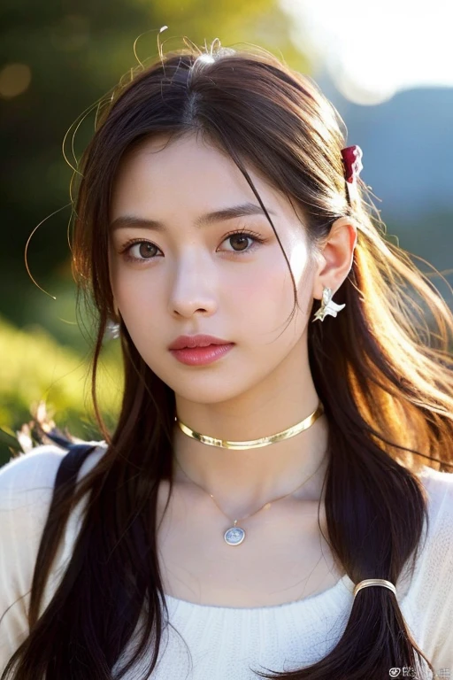8K, masterpiece, Raw photo, highest quality, realistic, extremely detailed CG unity 8K wallpaper, Depth of the bounds written, cinematic light, Lens flare, ray tracing, (very beautiful face, beautiful lips, beautiful eyes), face with intricate details, ((highly detailed skin), 美少女1人のhighest qualityの写真， ultra high resolution， （Realistic：1.4），cute hairpin，1 girl，red long hair,cropped sweater ，Beautiful woman with slim figure:1.4, prominent abs:1.4, on the island,Extra-fine face，delicate eyes，double eyelid，choker necklace