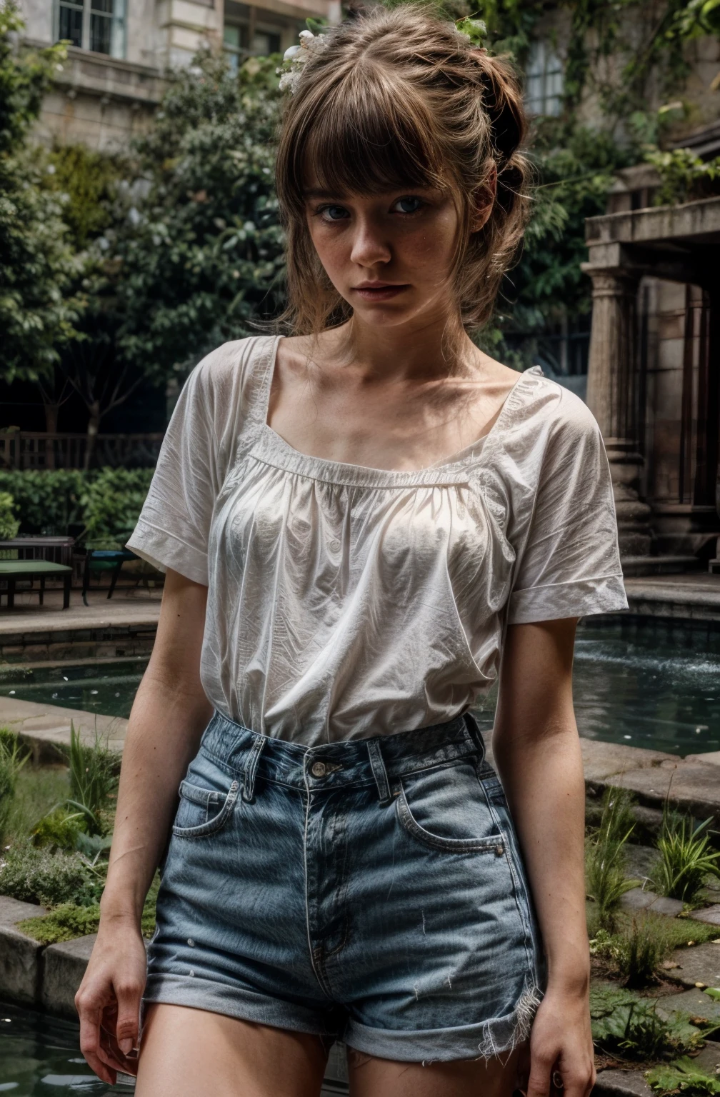 (best quality,hyper-realistic,ultra-detailed,8k), ager, fifteen years old, shy, sad, paleness, big blue eyes, very white skin, small nose, very short brown hair with bangs, melancholy, delicate, feminine, skinny, garden of thousand White roses, short ponytails hairstyle, short Green summer shirt, short blue jeans, fountain, Sunny day, brilliant colors.