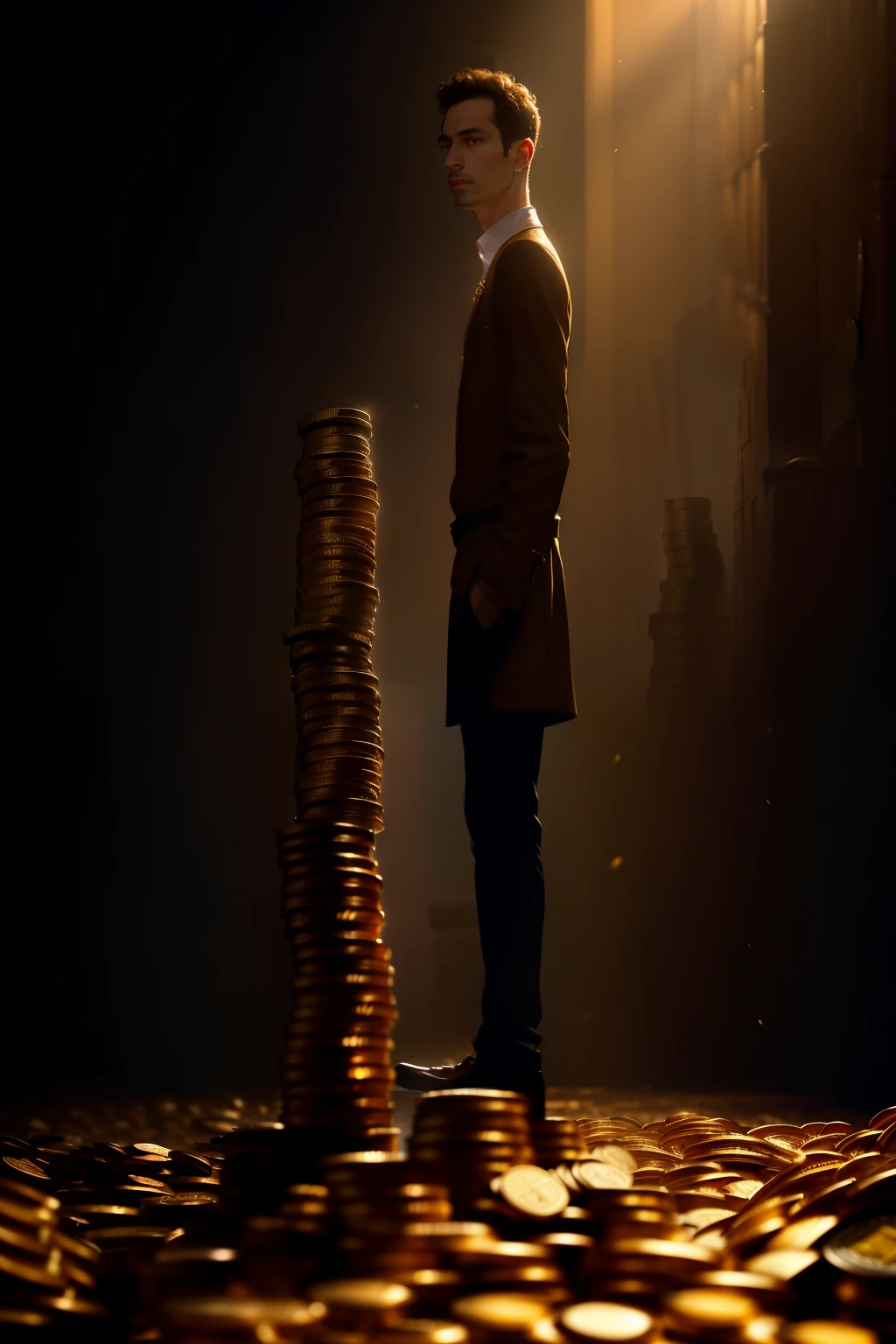 arafed image of a man standing in front of a stack of coins, sitting on a pile of gold coins, with piles of coins around it, piles of gold coins, by Andrzej Wróblewski, film promotional still, by Ludwik Konarzewski, with many gold coins, by Alexander Obregon, by Matija Jama