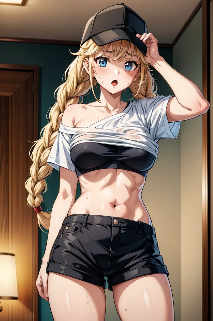 a female cartoon character has a black hat and some large breasts in underwire, 1girl, breasts, shorts, solo, bra, underwear, hat, black bra, blue eyes, navel, blonde hair, shirt lift, sweat, baseball cap, short shorts, twin braids, white shirt, braid, short sleeves, cleavage, clothes lift, shirt, looking at viewer, blush, stomach, open mouth, black headwear, collarbone, black shorts, cowboy shot, long hair, bangs, electric fan, indoors