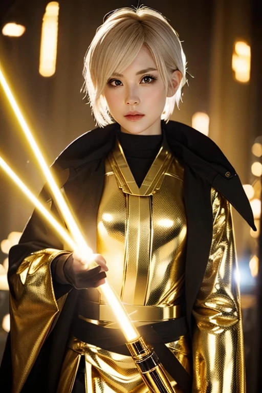 A beautiful woman with short pixie white hair and gold eyes, holding lightsaber with golden light in black and gold jedi robes
