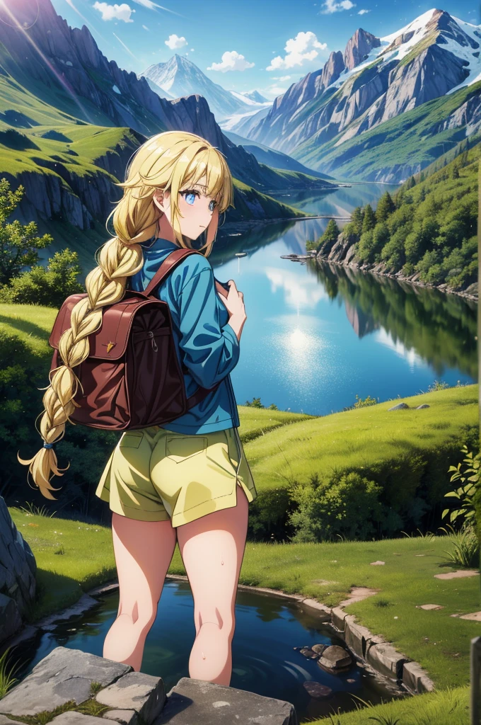 1girl, she is hiking up to a hidden lake in the mountains, lush vegetation, sparkling water, background vast mountain ridges, she wears colorful hiking clothes and a backpack, view from behind, sweat, triumph, perfect figure, vibrant colors,Eiko Tsukimi, blue eyes, braid, twin braid, (((blonde hair))), long hair,baseball cap