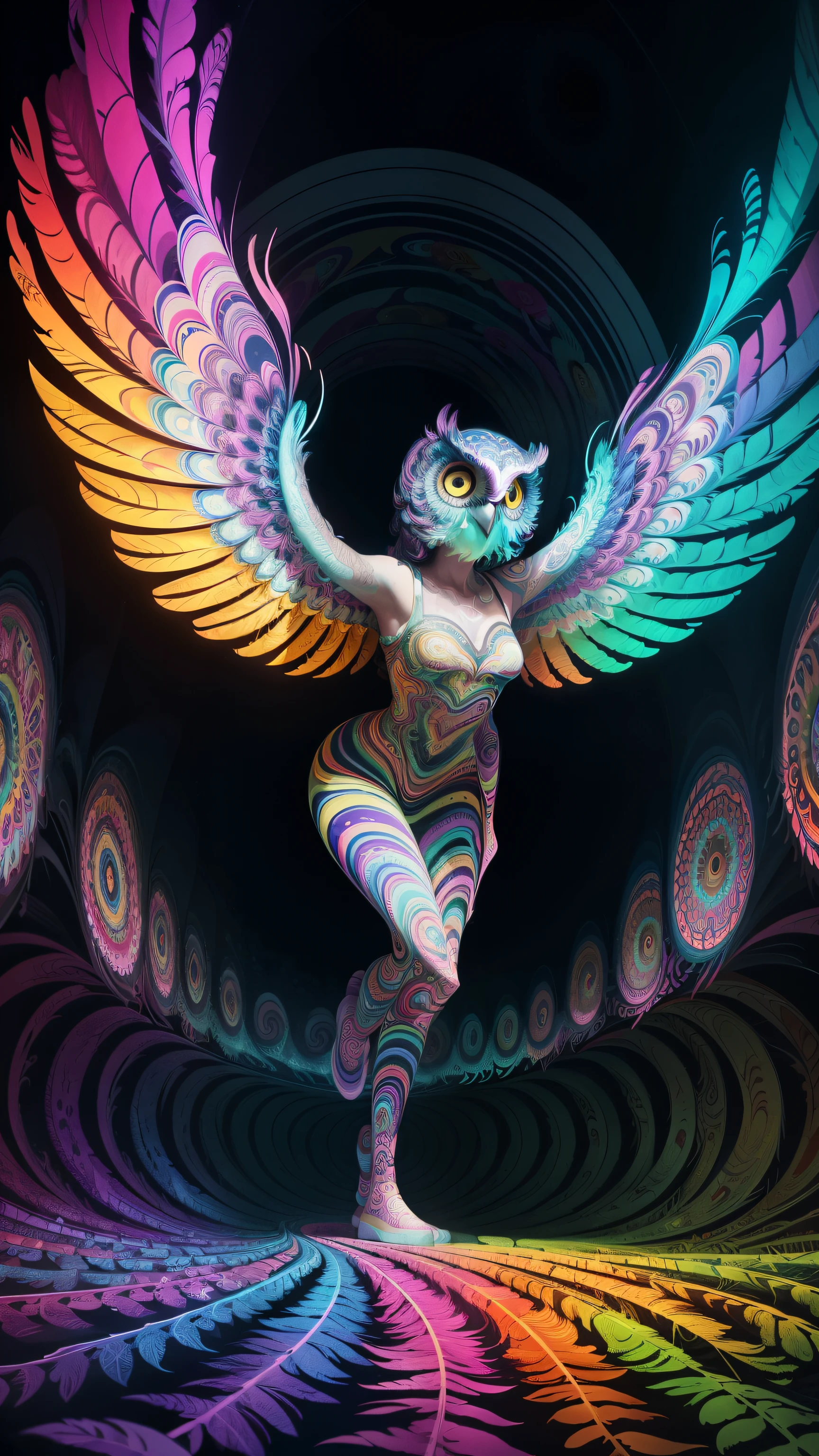 (Psychedelic painting of Owl standing in front of colorful whirlpools), ((Multi-sewn large feathers, Owl, Big head)), Light and shadow, Waves, Multi-layered, foreground, Distant view, fractal thunder dan mumford, Dan Mount Ford and Alex Gray style, psychedelic surreal art, surreal psychedelic design, Fantasy art style, Illusion psychedelic art, Infinite psychedelic waves, Inspired by Cyril Rolando, True corrugated structure, Psychedelic art style, trippy art, psychedelic illustrations，Bio-luminescence, vibrant, Colourful, Color, (Glowing, Glow), (Beautiful composition), Cinematic lighting, Intricate, (Symmetrical:0.5), Whimsical,