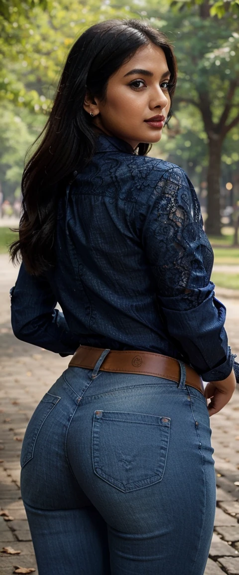 Gorgeous Indian women, Air hostess women, (((wearing a lace (deep blue color shirt :1.3) with lace extremely detailed))), (((wearing a white color jeans))), (((red color skin))), ((dark red lipstick)), (((rearing's))), looking at viewer, ((in the park)), outside, beautiful sexy body, large breasts, big waist, thick thighs, alluring body, ((good proportion)), seducing, realistic background, posing, chubby women,