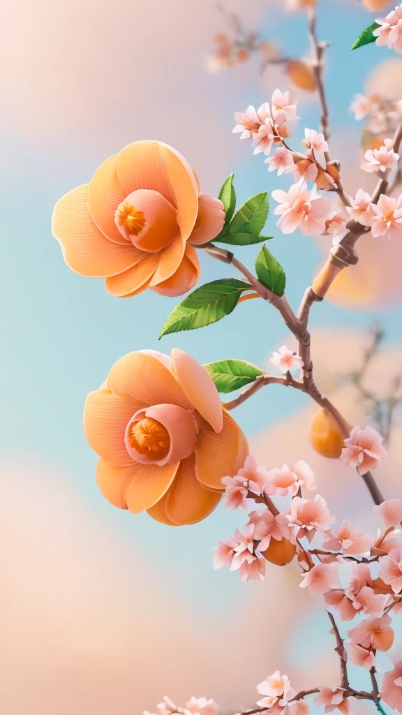 Realistic, real life, beautiful (closeup (Apricot pink flower:1.2):1.3), a branch of a tree with with background by greg rutkowski, style of laurie greasley, studio ghibli, akira toriyama, james gilleard, genshin impact, trending pixiv fanbox, acrylic palette knife, 4k, (vibrant colors), (highly saturated), devinart, trending on artstation