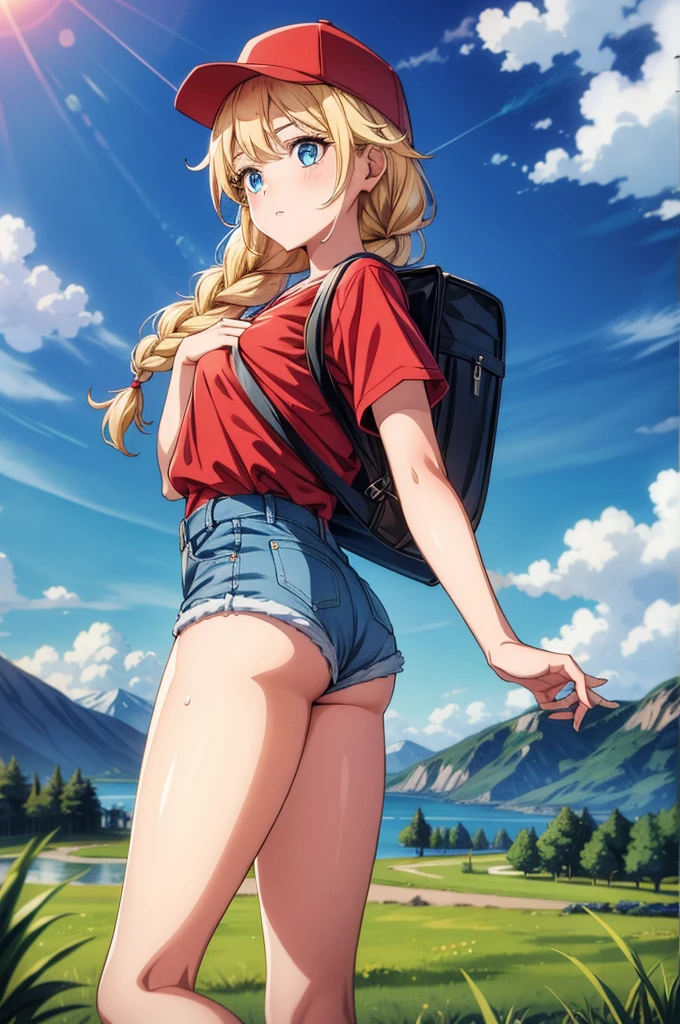 a woman has short denim shorts and holds a backpack with a mountain range behind her, 1girl, outdoors, ass, blonde hair, shorts, braid, solo, blue eyes, long hair, mountain, twin braids, day, denim, bag, denim shorts, shirt, short shorts, sky, sweat, blue shorts, cloud, water, lake, red shirt, grass,Eiko Tsukimi, blue eyes, braid, twin braid,blonde hair,baseball cap