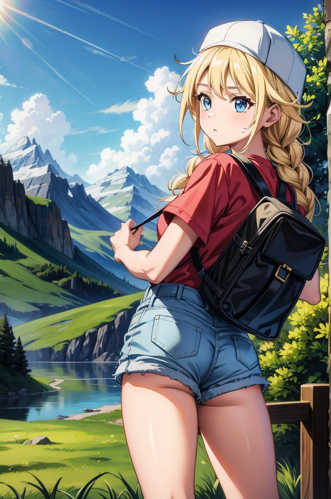 a woman has short denim shorts and holds a backpack with a mountain range behind her, 1girl, outdoors, ass, blonde hair, shorts, braid, solo, blue eyes, long hair, mountain, twin braids, day, denim, bag, denim shorts, shirt, short shorts, sky, sweat, blue shorts, cloud, water, lake, red shirt, grass,Eiko Tsukimi, blue eyes, braid, twin braid,blonde hair,baseball cap
