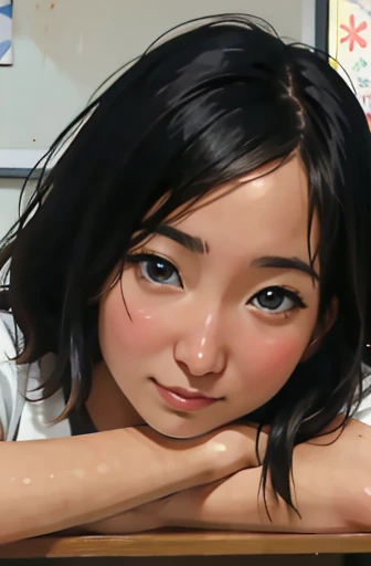 Risa, black haired japanese girl, sitting in classroom in , cute, beautiful, realistic style, highly detailed, 4k, look at camera, face close-up