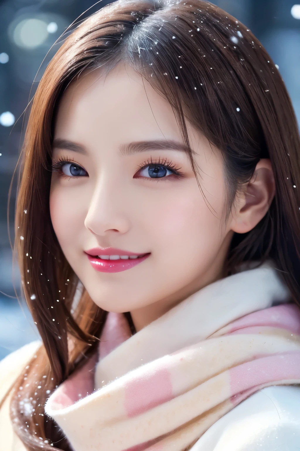 (highest quality、masterpiece、8K、best image quality、hyper realism、Award-winning work)、1 girl、(Elegant beige coat:1.1)、(perfect pink scarf:1.2)、Soft and delicate light、dramatic lighting、(Romantic snowy night city:1.1)、(Romantic illumination:1.1)、beautiful snow scene、(It's snowing:1.1)、(snow in hair:1.1)、accurate anatomy、the biggest smile looking at me、close up of face、A beautiful lipstick with a glossy, natural color、perfect makeup、long eyelashes、glossy lips、Ultra high definition glossy skin、(Ultra-high definition bright and beautiful skin:1.1)、Milky white moisturized skin、beautiful skin glow、超高精細のglossy lips、Super high definition beautiful teeth