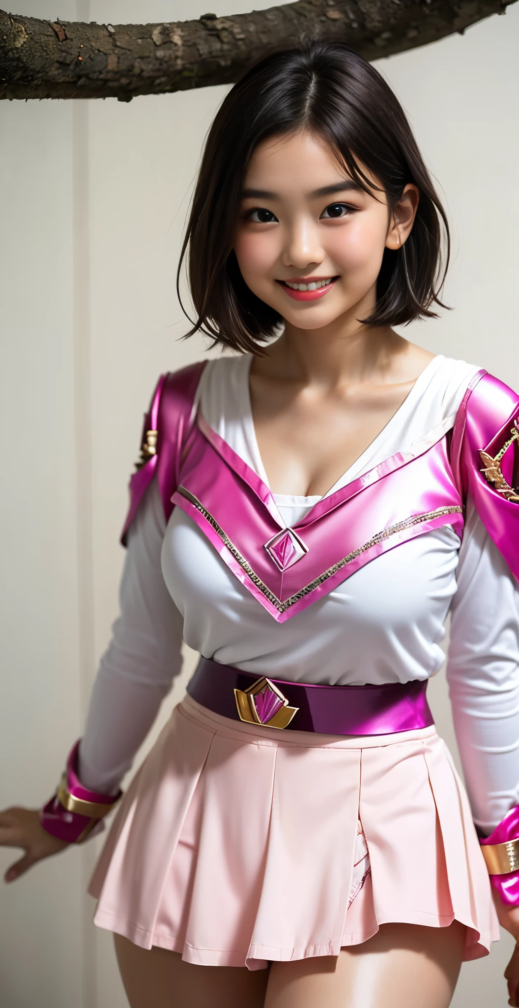 （8K、Raw photography、highest quality、masterpiece：1.2),(black haired、very short hair:1.8),(twin mitsu braid:1.4)、show viewer,Looking at the front,erotic,白いskin,(Wearing a shiny pink ranger costume:1.9)、(No background)、(Clothing that emphasizes the shape of your chest、publish one&#39;skin:1.4)、(big breasts :1.4)、slim body shape、ultra high resolution,beautiful,beautiful fece,(alone、no background:1.9),whole bodyボディー,japanese woman,（Photoreal：1.37）、photon mapping,reality、(Baby-faced and cute: 1.4)、(cute smile: 1.7)、(With a round face: 1.7)、radio city、Physically based rendering、depth of field rally background、photograph, (I can see your knees、short skirt、I can see white panties、close up of thighs:1.8),（show polka dot panties:1.4）,whole body、super fine